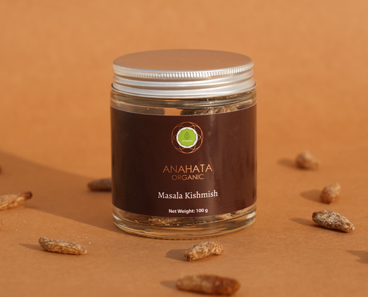 Anahata's masala kishmish is a tangy and healthy snack, packed with antioxidants, vitamins and essential nutrients that help boost immunity, aid digestion, cure anaemia and control blood pressure. Sourced from organic farmers, these raisins are handpicked, sun dried and